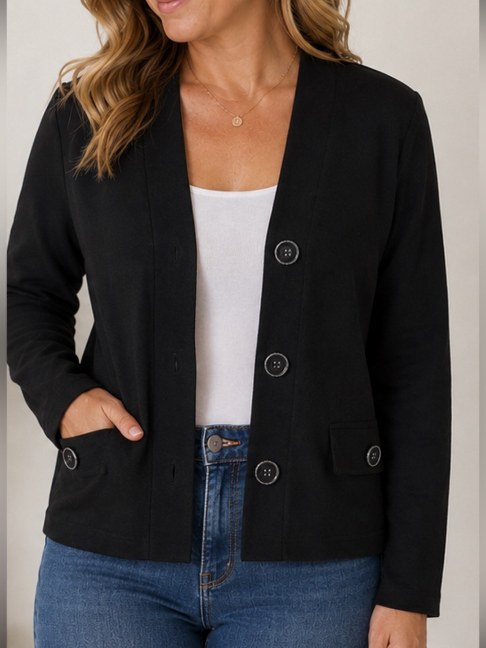 Cyrus Wmns Black Knit Cropped Cardigan Blazer XL Minimalist Button Front